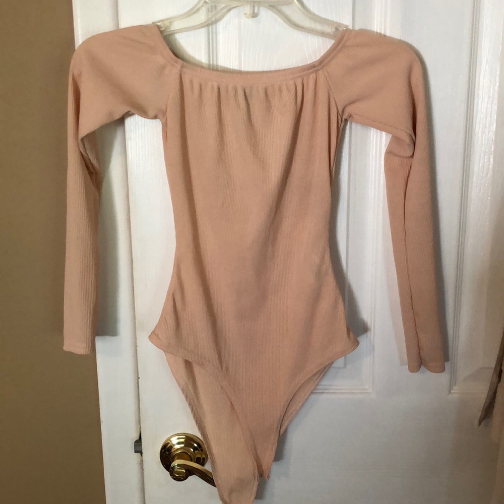 Pink/nude long sleeve off the shoulder body suit